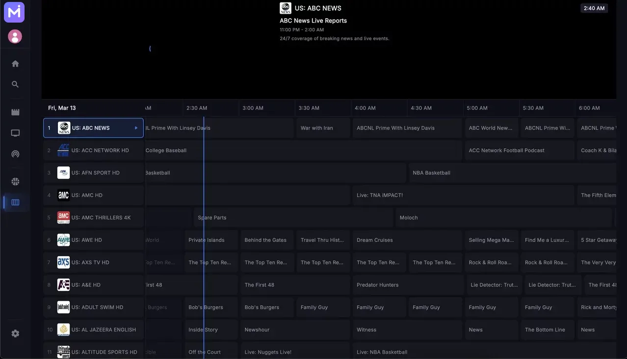 MediaLen.tv program guide showing US: ABC News currently playing 'ABC News Live Reports', with a scrolling grid of channels and their scheduled programs across a timeline from 2:30 AM to 6:00 AM.