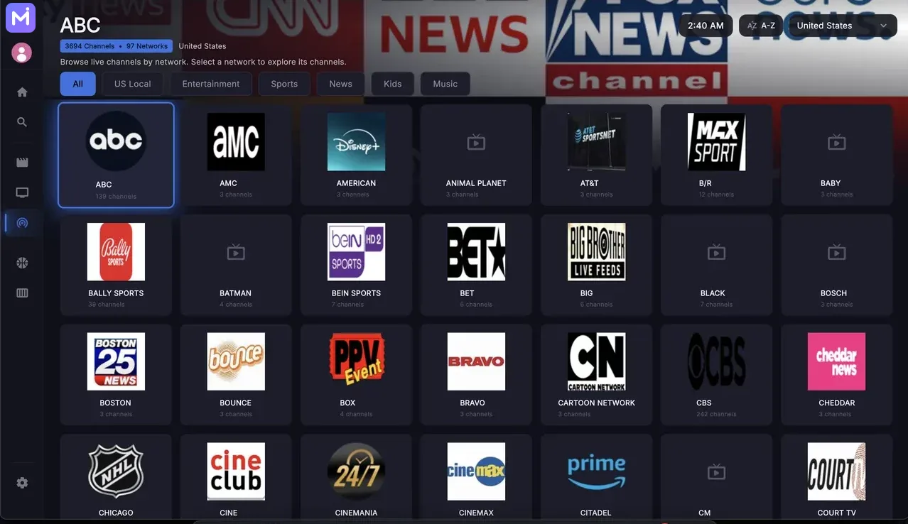 MediaLen.tv channel browser showing the ABC network page, with a United States region selector, category tabs (All, US Local, Entertainment, Sports, News, Kids, Music), and a grid of channel networks below.