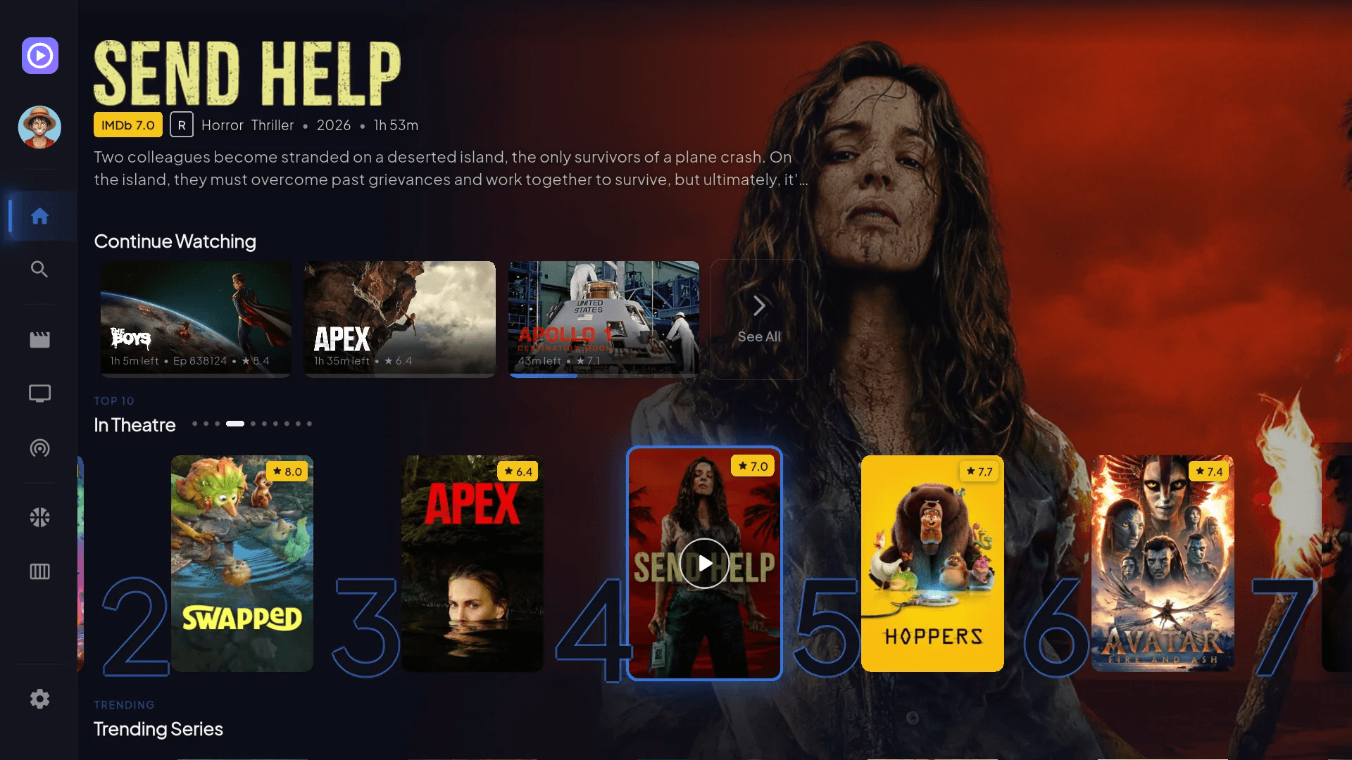 Screenshot of the MediaLen.tv app home screen, showing a featured title banner, a Continue Watching row, and a Top 10 trending carousel.